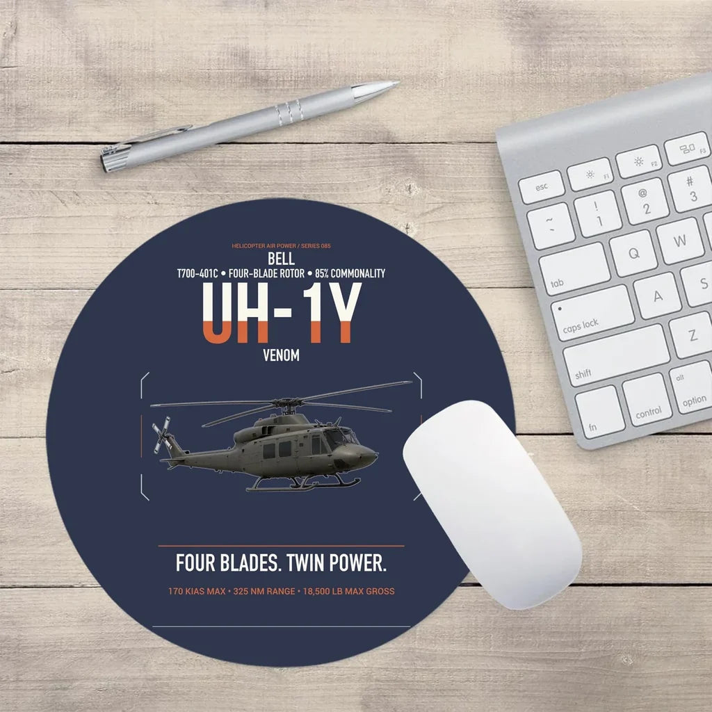 Bell UH-1Y Venom design on navy blue round mouse pad
