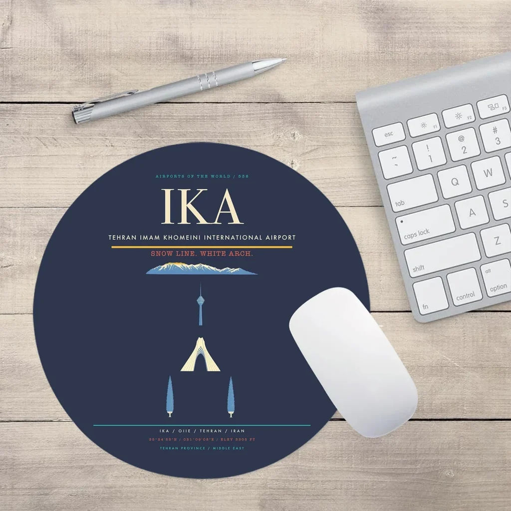 Tehran Imam Khomeini International Airport (IKA) design on navy blue round mouse pad