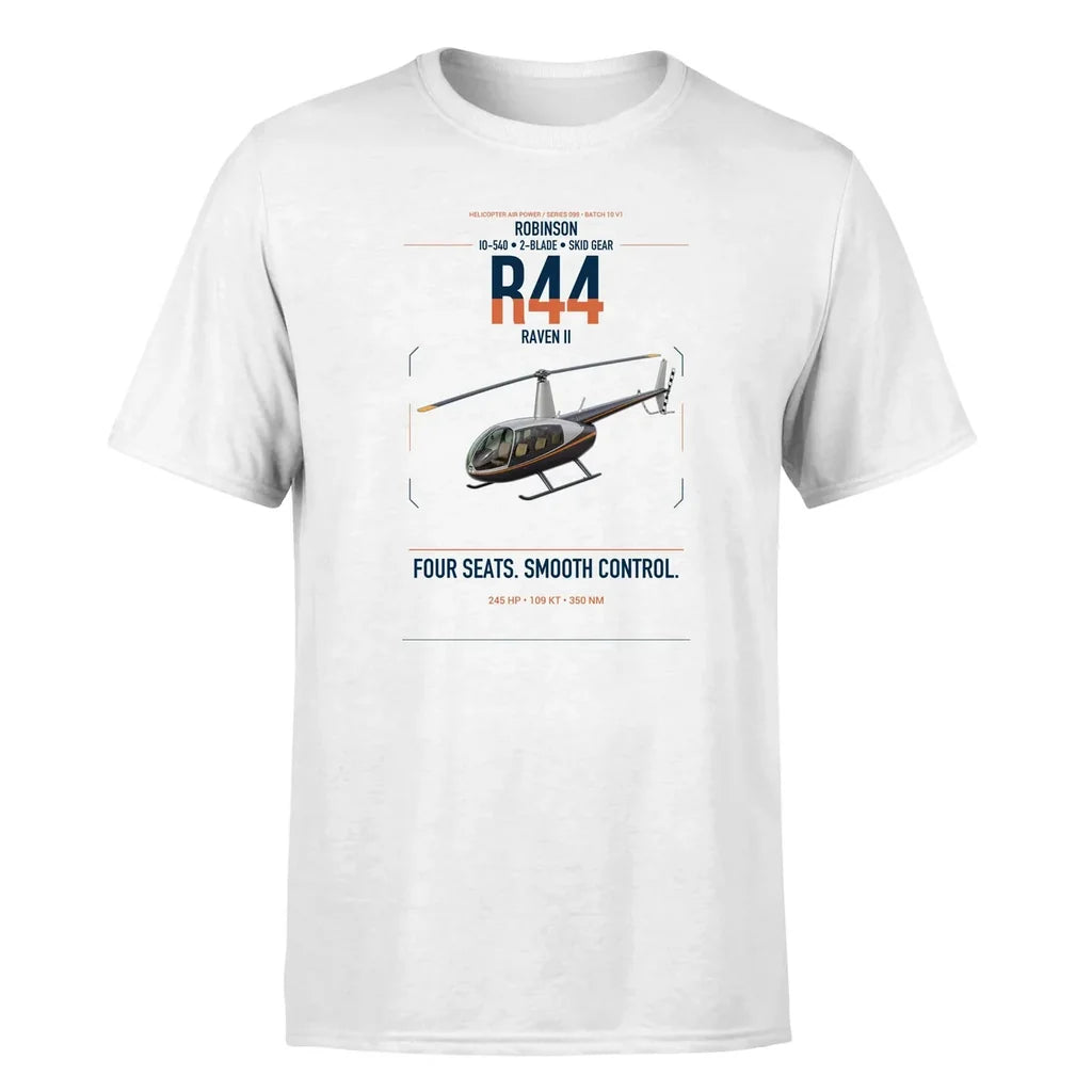 Robinson R44 Raven II design on white t-shirt, single-side print