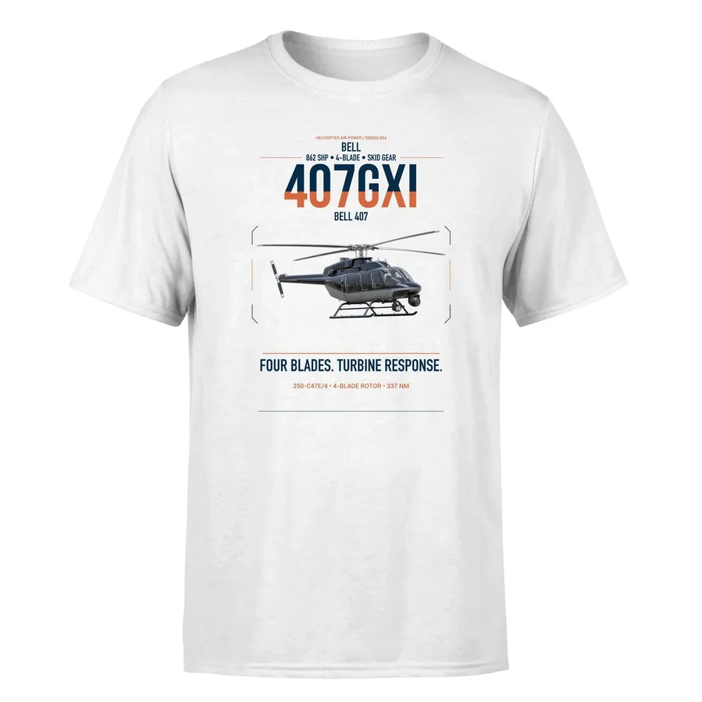 Bell 407GXi design on white t-shirt, single-side print