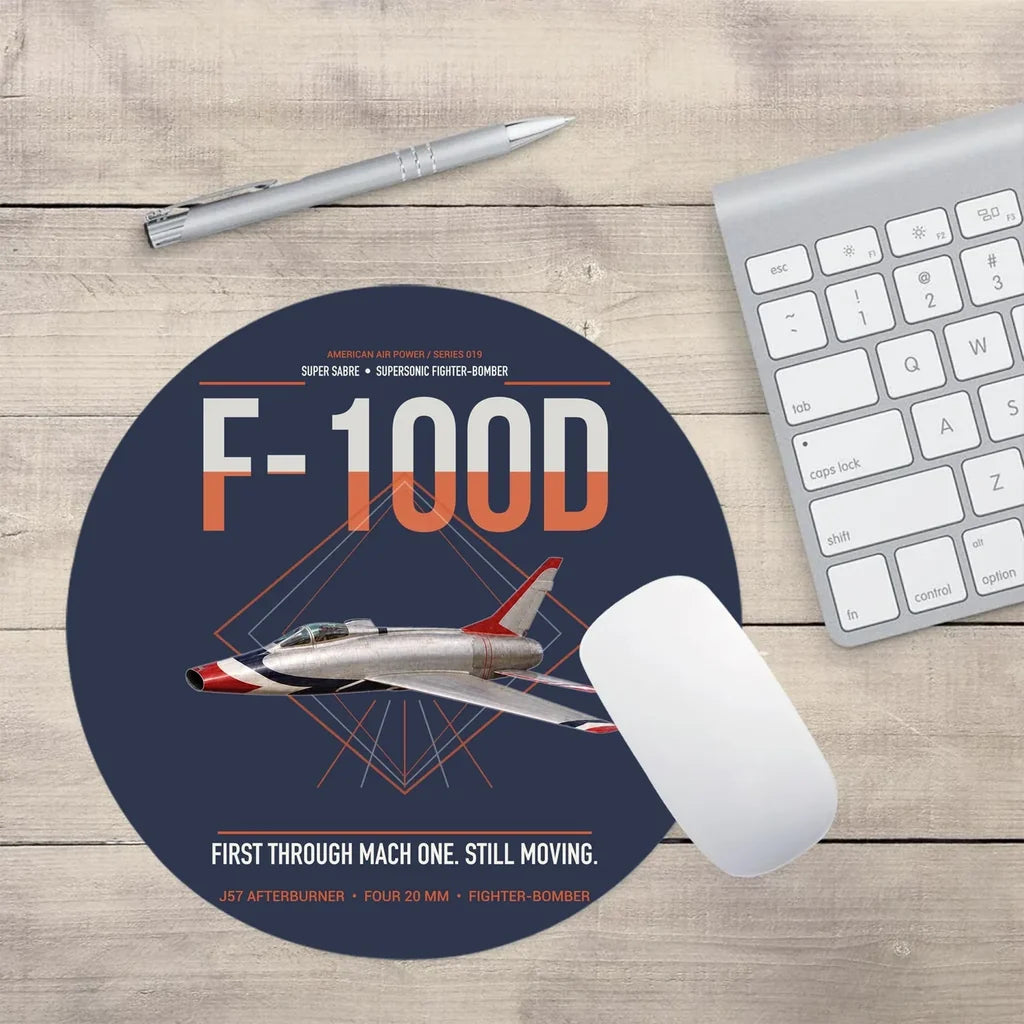 F-100D Super Sabre design on navy blue round mouse pad