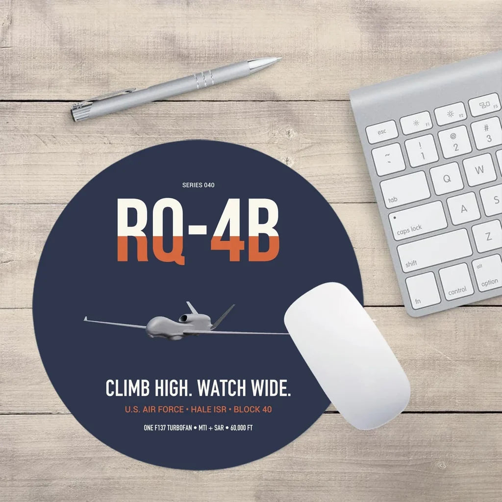 RQ-4B Global Hawk design on navy blue round mouse pad