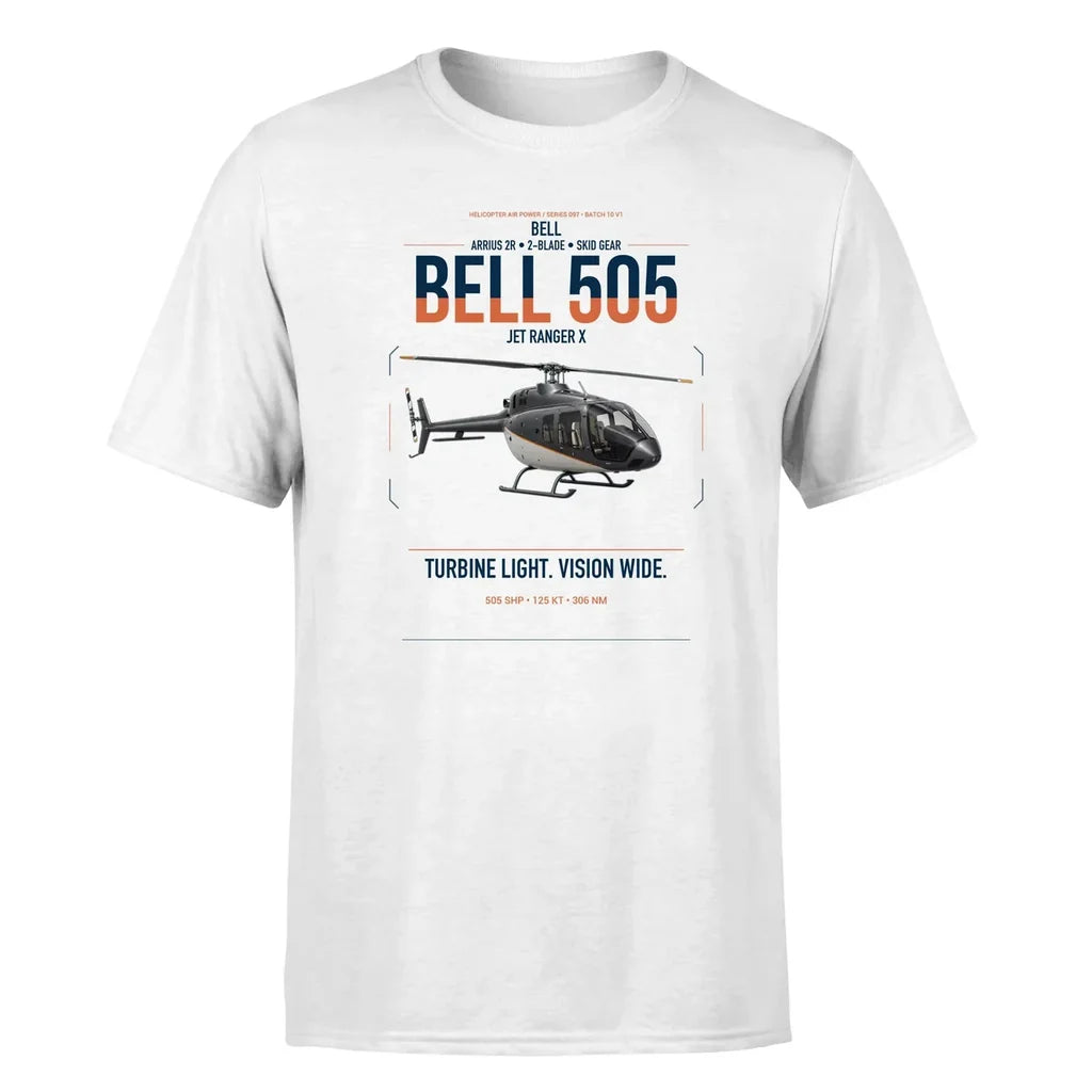Bell 505 Jet Ranger X design on white t-shirt, single-side print