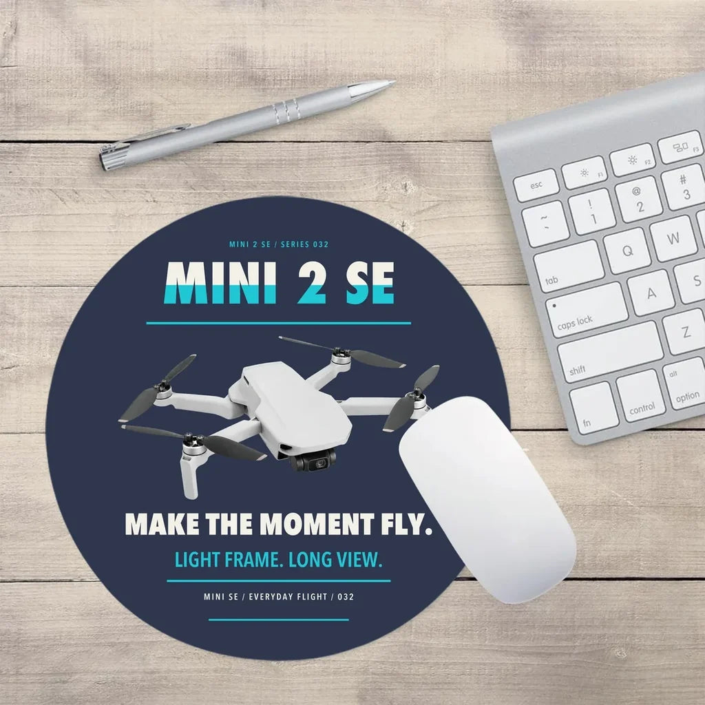 DJI Mini 2 SE design on navy blue round mouse pad
