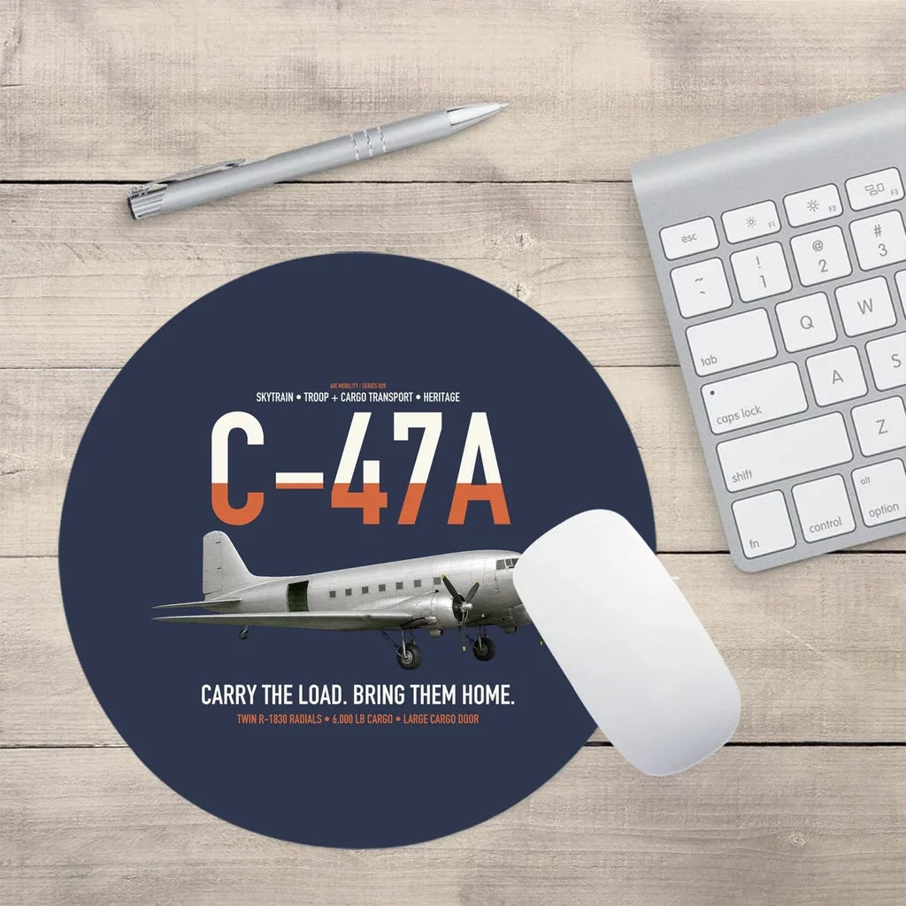 C-47A Skytrain design on navy blue round mouse pad