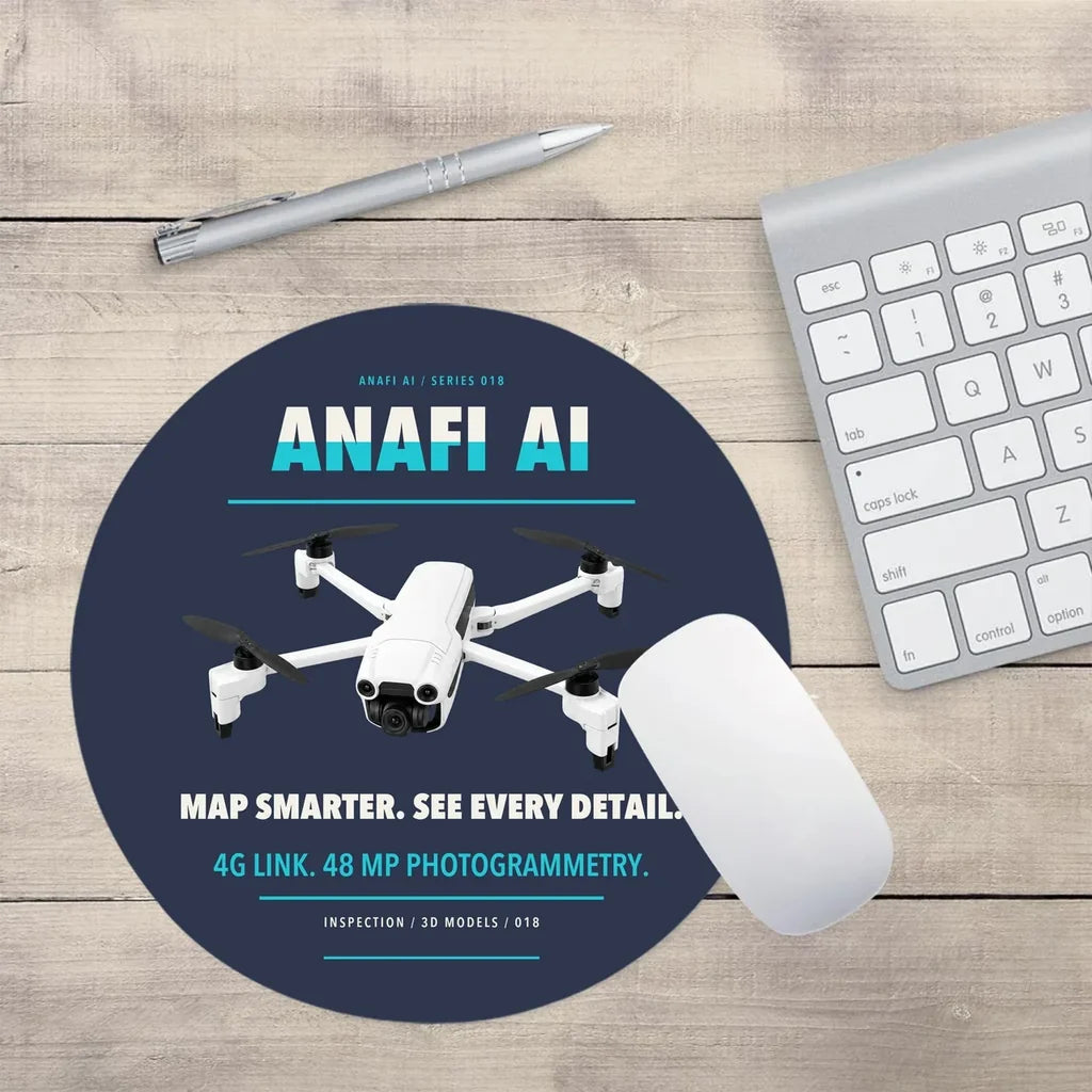 Parrot ANAFI Ai design on navy blue round mouse pad