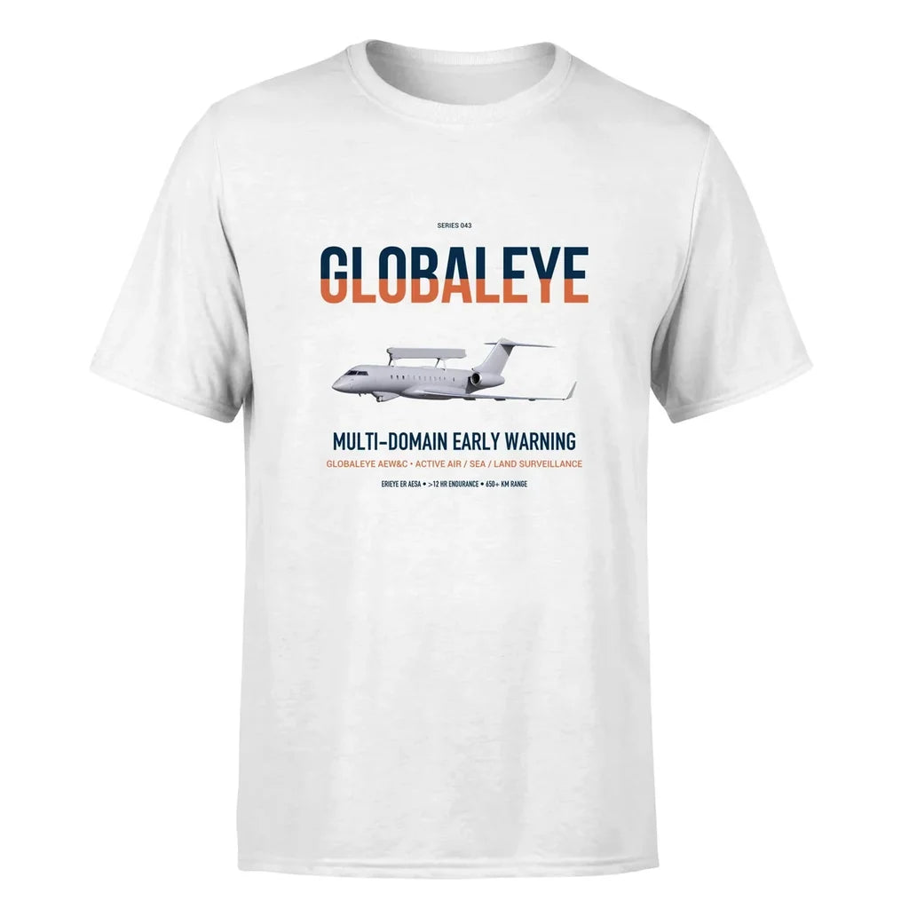 Saab GlobalEye design on white double-side t-shirt, single-side print
