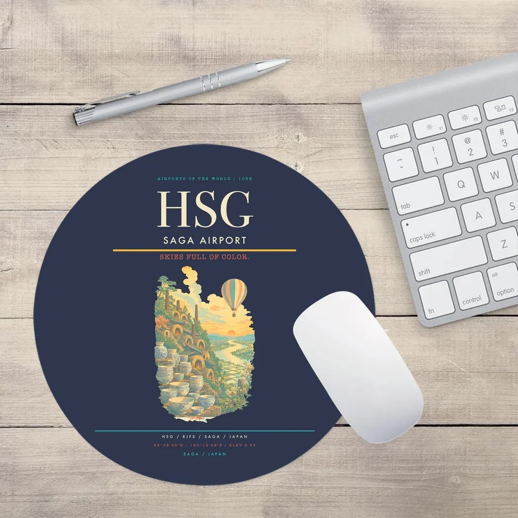 Saga Airport (HSG) design on navy blue round mouse pad