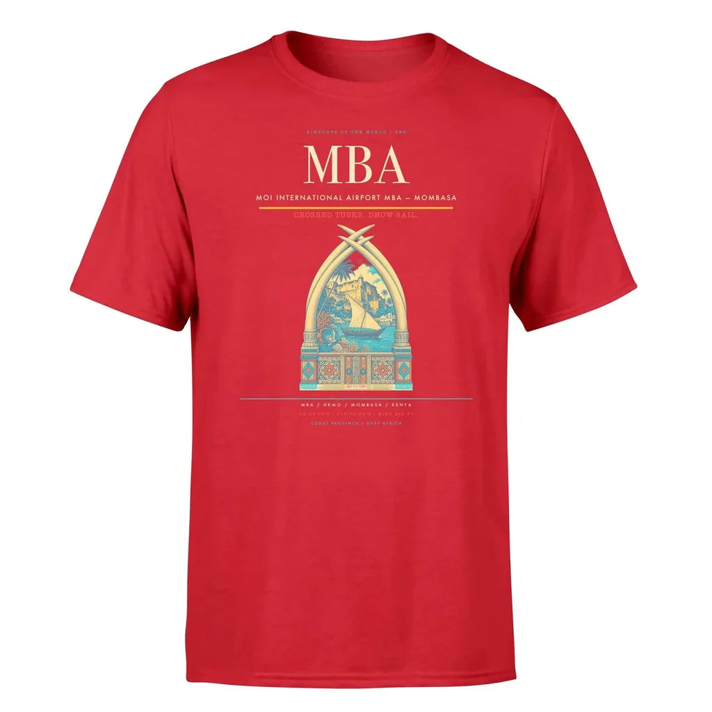 Moi International Airport (MBA) T-Shirt single-side front print in Red | moi-international-airport-mba-double-side-t-shirt