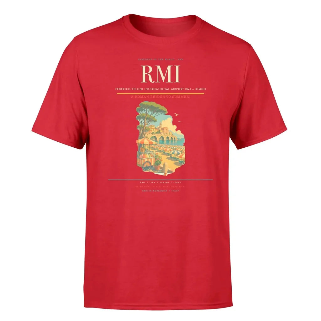 Federico Fellini International Airport (RMI) T-Shirt single-side front print in Red | federico-fellini-international-airport-rmi-double-side-t-shirt