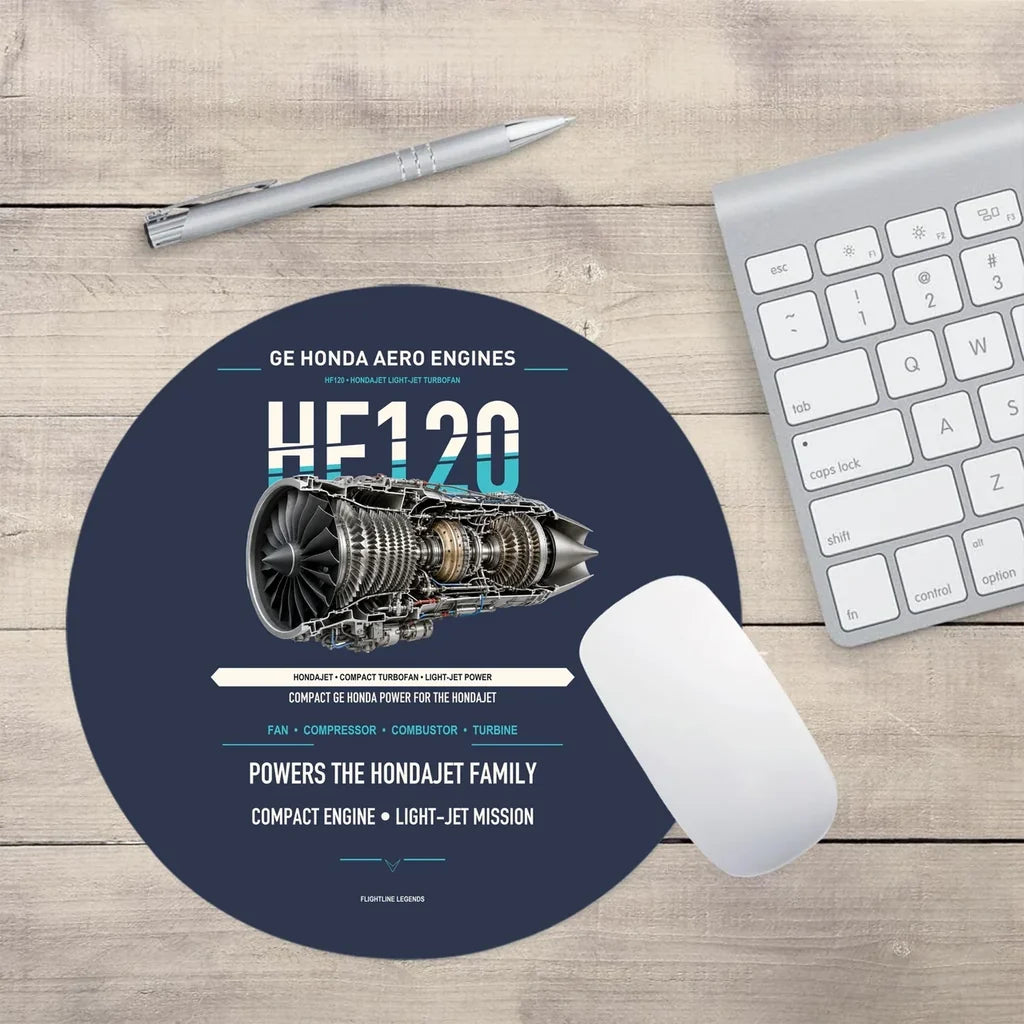 HF120 design on navy blue round mouse pad