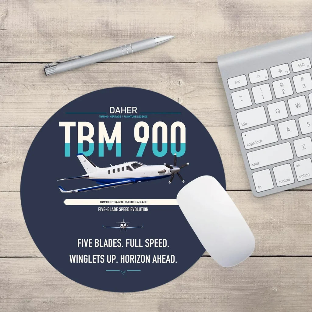 Daher TBM 900 design on navy blue round mouse pad