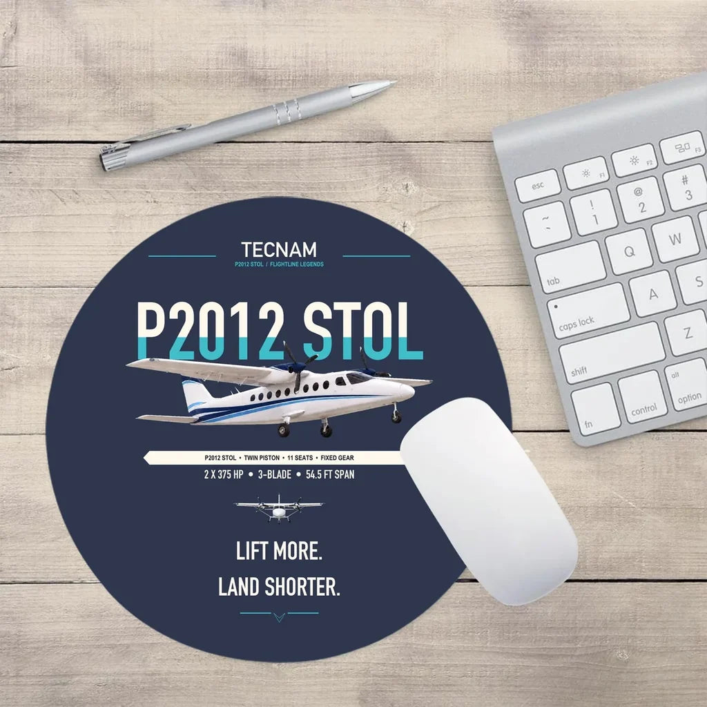 Tecnam P2012 STOL design on navy blue round mouse pad