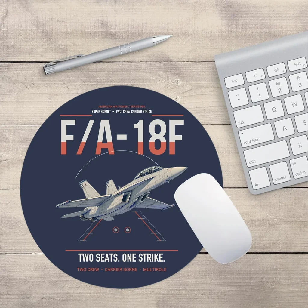 F-A-18F Super Hornet design on navy blue round mouse pad