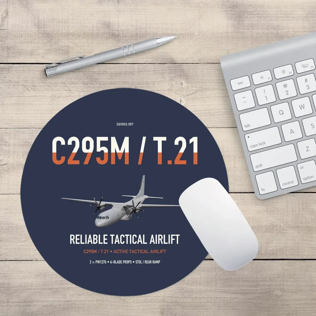 Airbus C295M T.21 design on navy blue round mouse pad