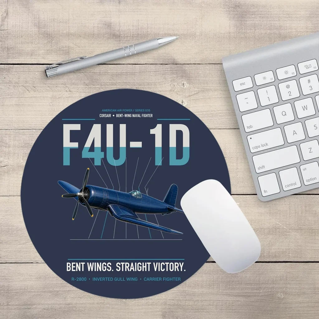 F4U-1D Corsair design on navy blue round mouse pad