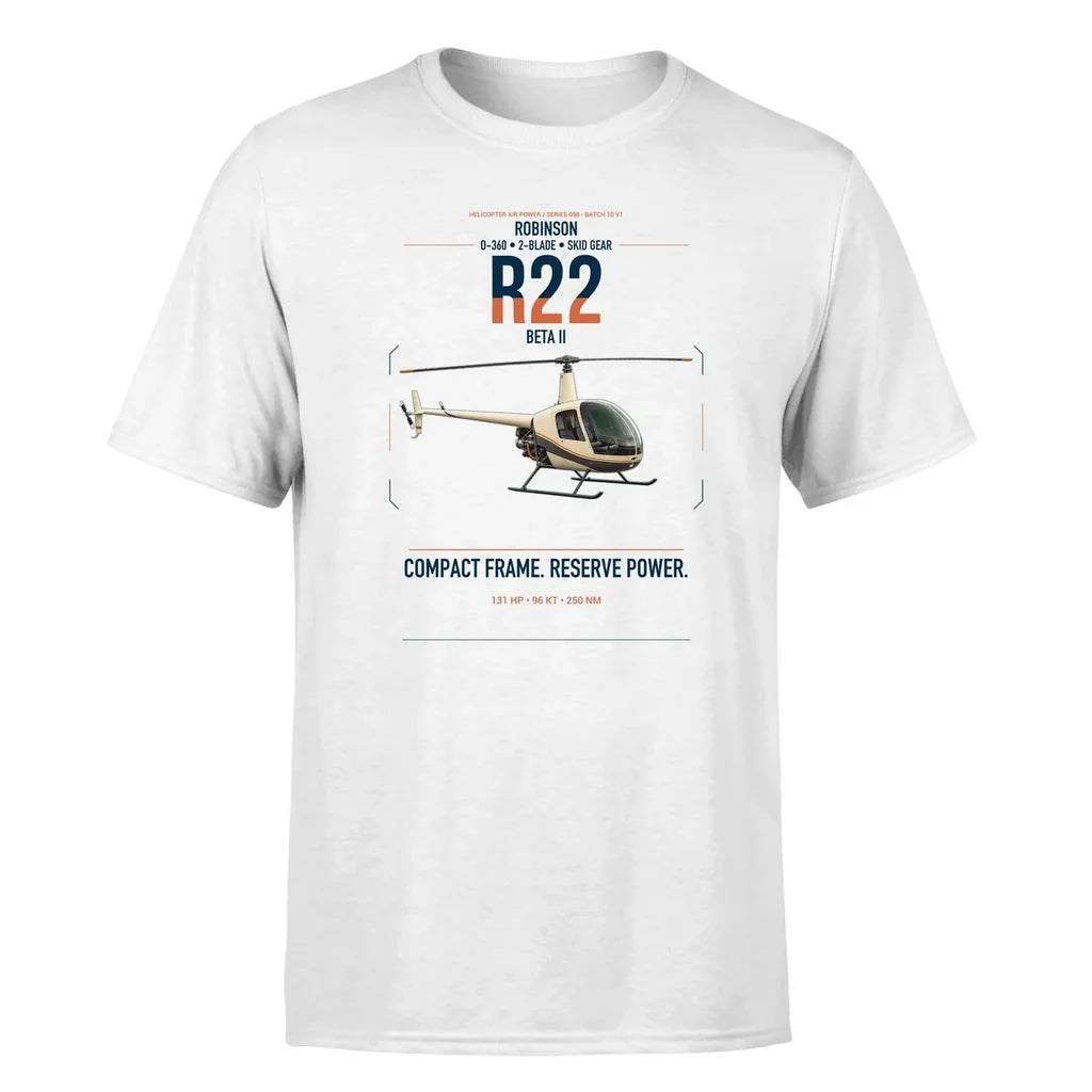 Robinson R22 Beta II design on white t-shirt, single-side print