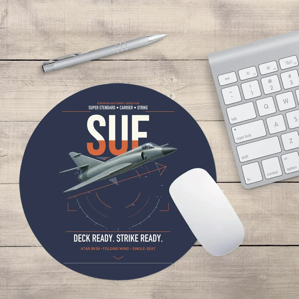 Dassault Super Étendard design on navy blue round mouse pad