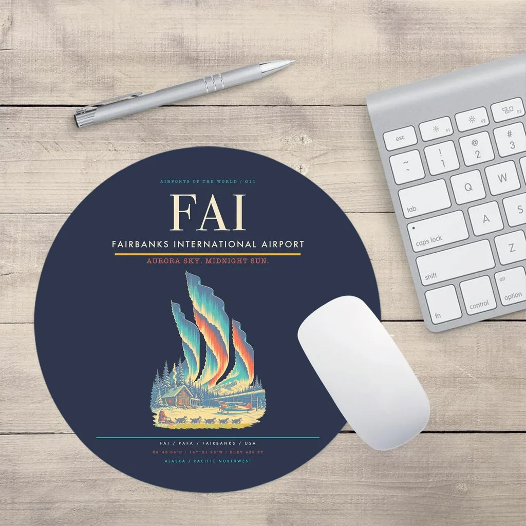 Fairbanks International Airport (FAI) design on navy blue round mouse pad