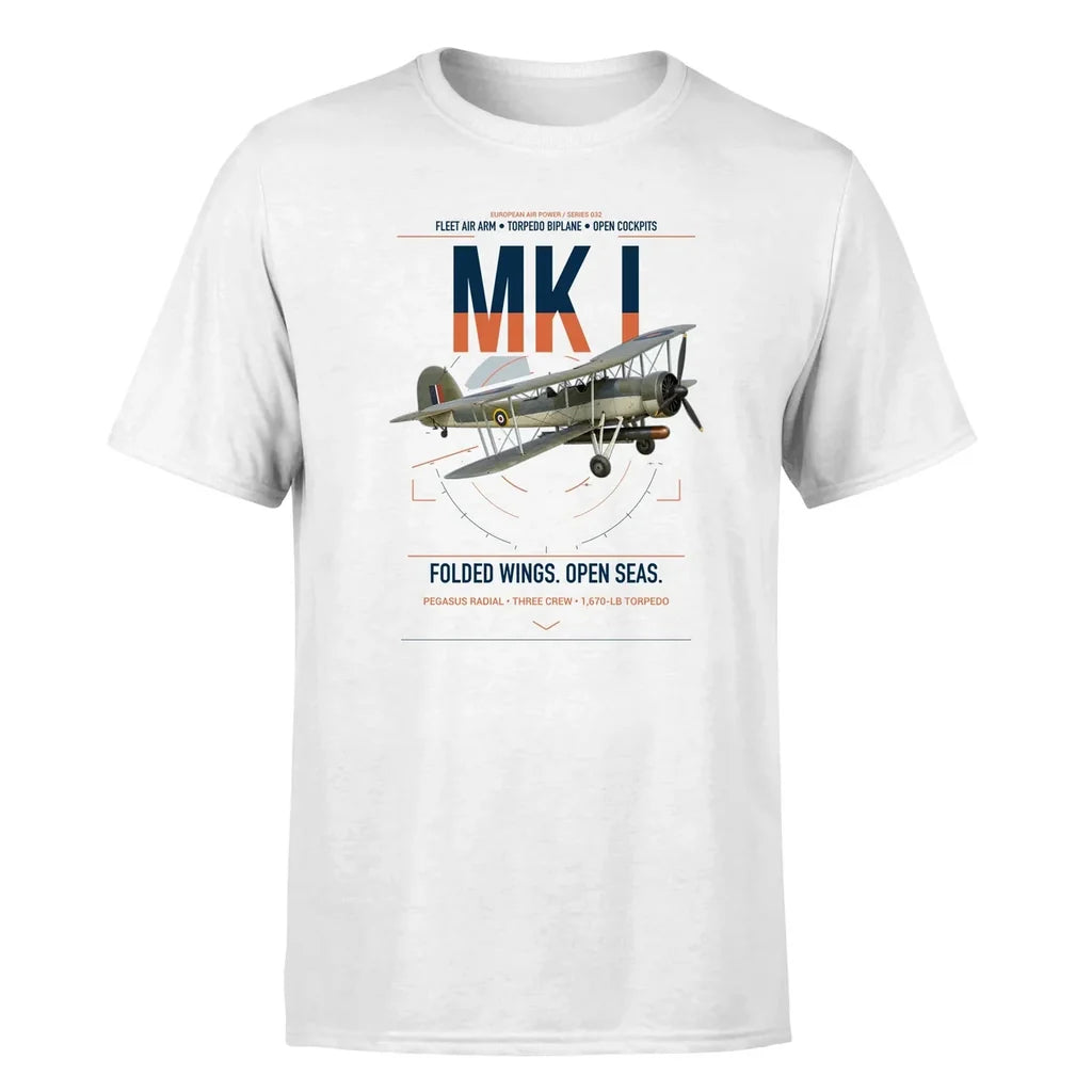 Fairey Swordfish Mk I design on white t-shirt, single-side print