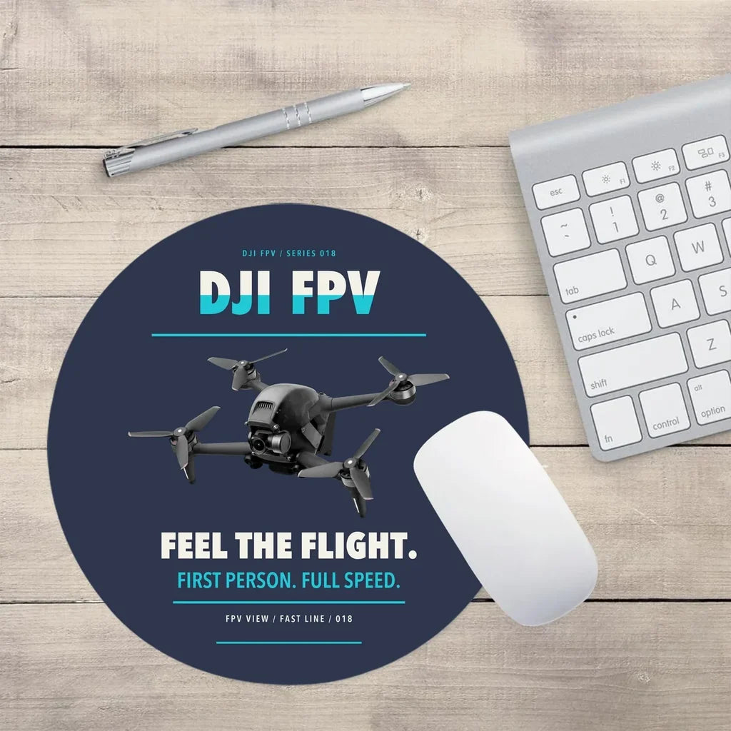 DJI FPV design on navy blue round mouse pad