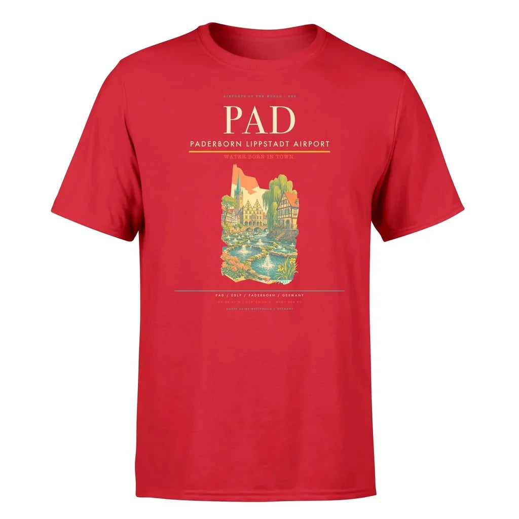 Paderborn Lippstadt Airport (PAD) T-Shirt single-side front print in Red | paderborn-lippstadt-airport-pad-double-side-t-shirt