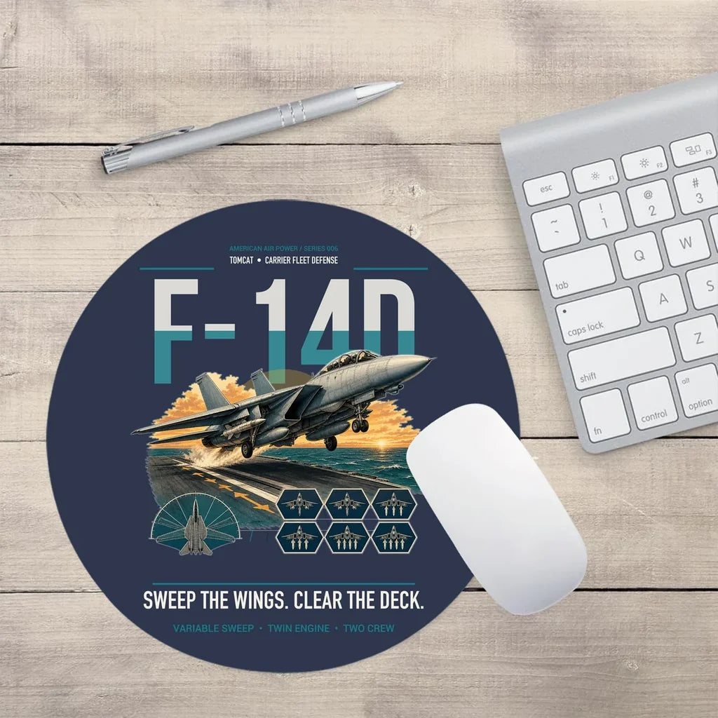 F-14D Tomcat design on navy blue round mouse pad