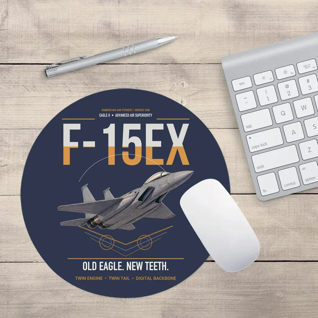 F-15EX Eagle II design on navy blue round mouse pad