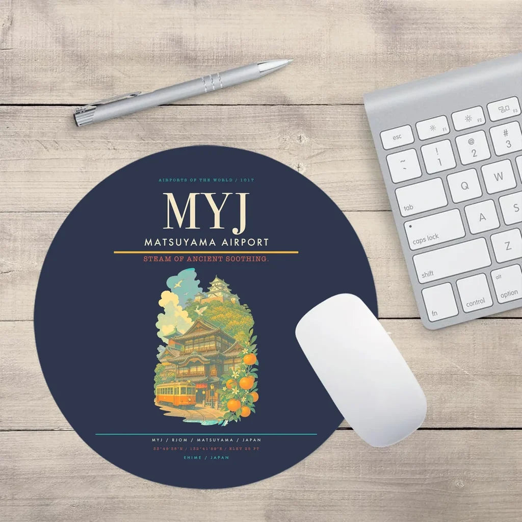 Matsuyama Airport (MYJ) design on navy blue round mouse pad