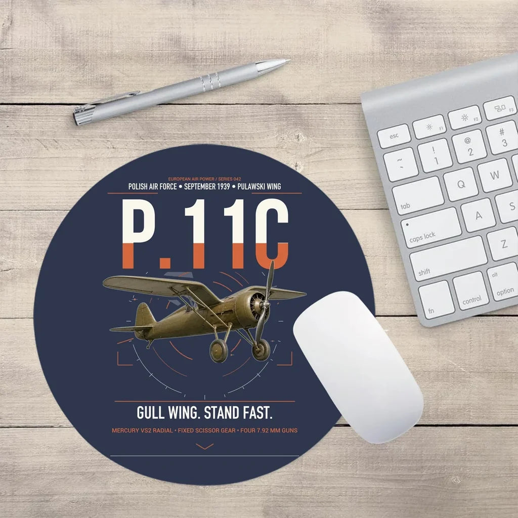 PZL P.11c design on navy blue round mouse pad