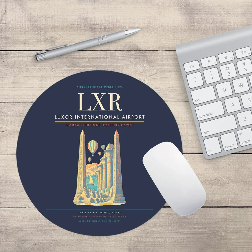 Luxor International Airport (LXR) design on navy blue round mouse pad