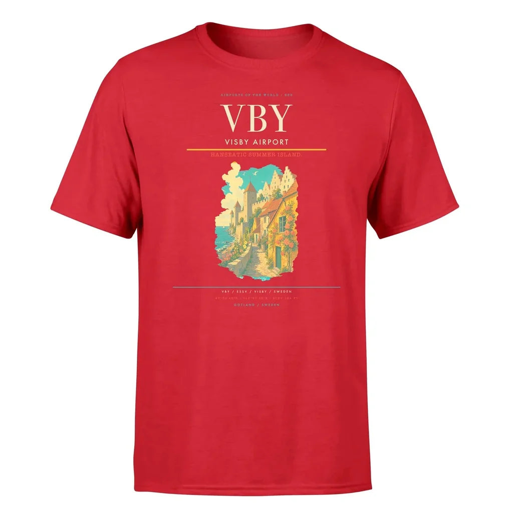 Visby Airport (VBY) T-Shirt single-side front print in Red | visby-airport-vby-double-side-t-shirt