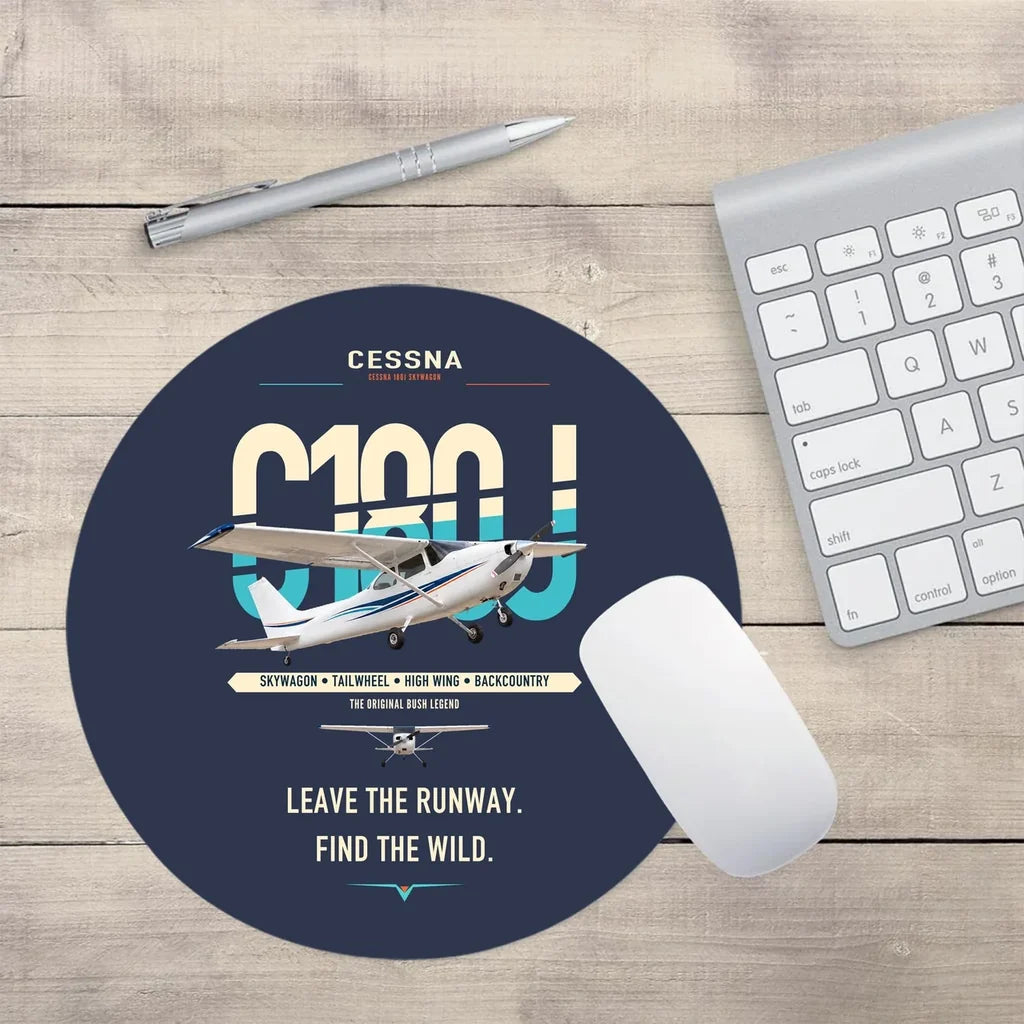 Cessna 180J Skywagon design on navy blue round mouse pad