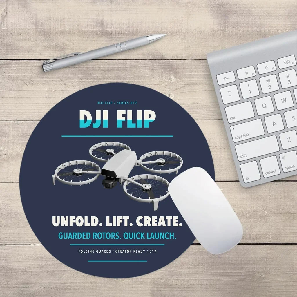 DJI Flip design on navy blue round mouse pad