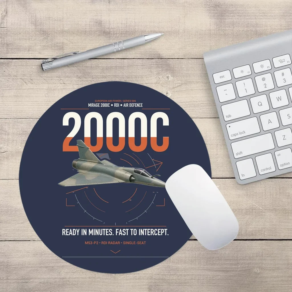 Dassault Mirage 2000C RDI design on navy blue round mouse pad