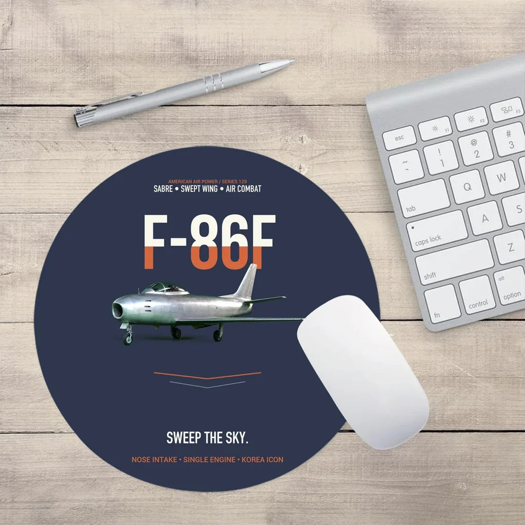 F-86F Sabre Sweep The Sky design on navy blue round mouse pad