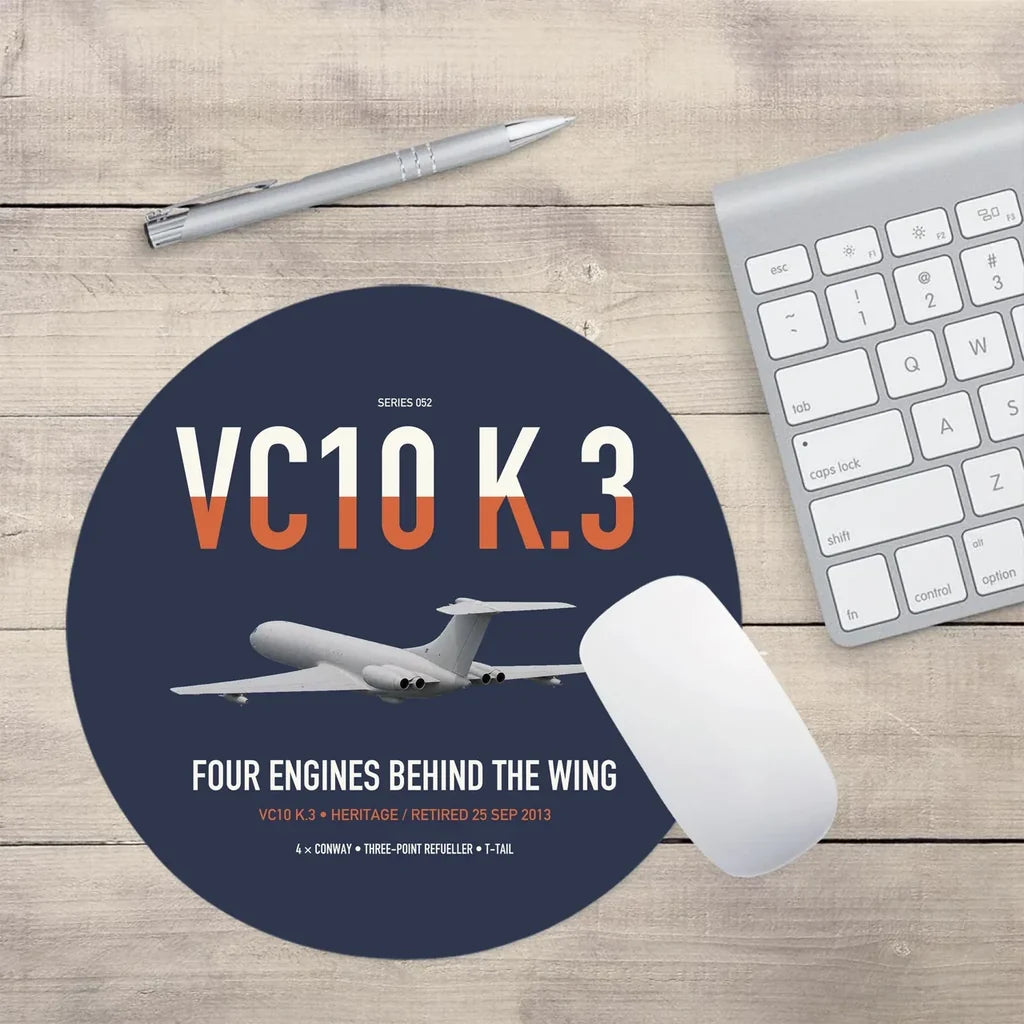 Vickers VC10 K.3 design on navy blue round mouse pad
