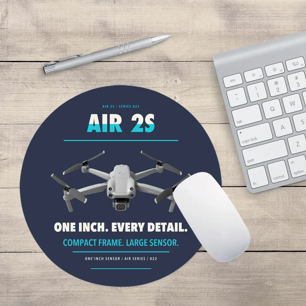 DJI Air 2S design on navy blue round mouse pad