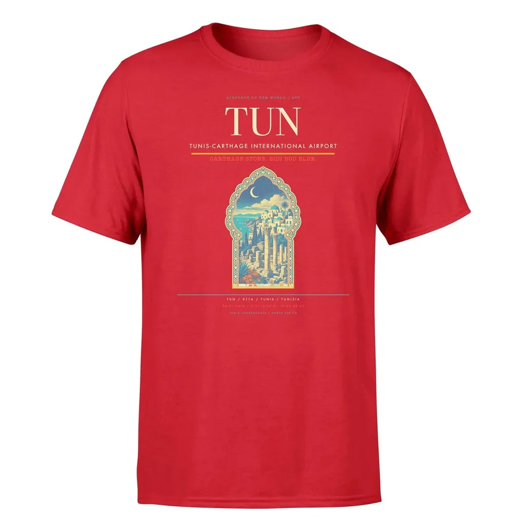Tunis-Carthage International Airport (TUN) T-Shirt single-side front print in Red | tunis-carthage-international-airport-tun-double-side-t-shirt