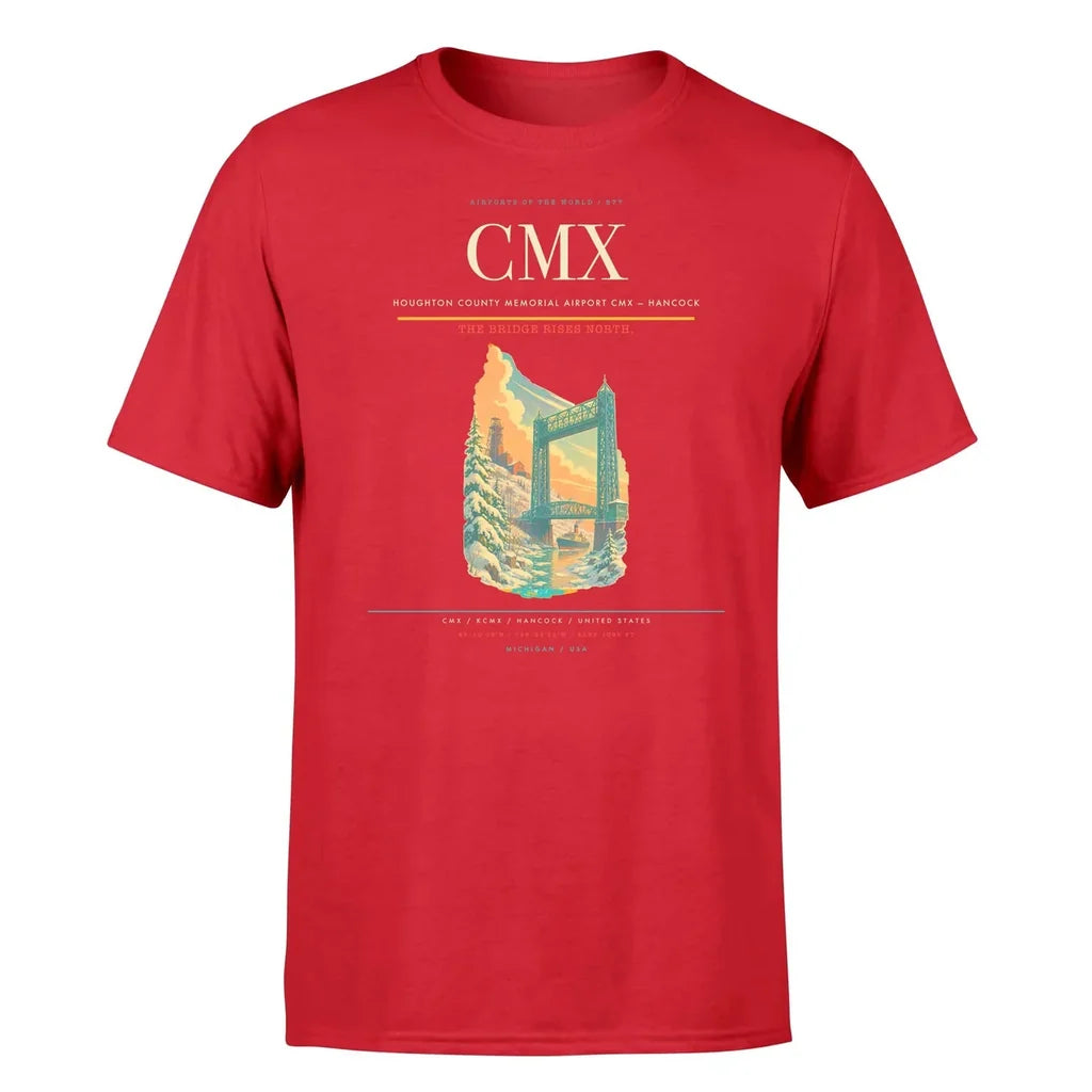 Houghton County Memorial Airport (CMX) T-Shirt single-side front print in Red | houghton-county-memorial-airport-cmx-double-side-t-shirt