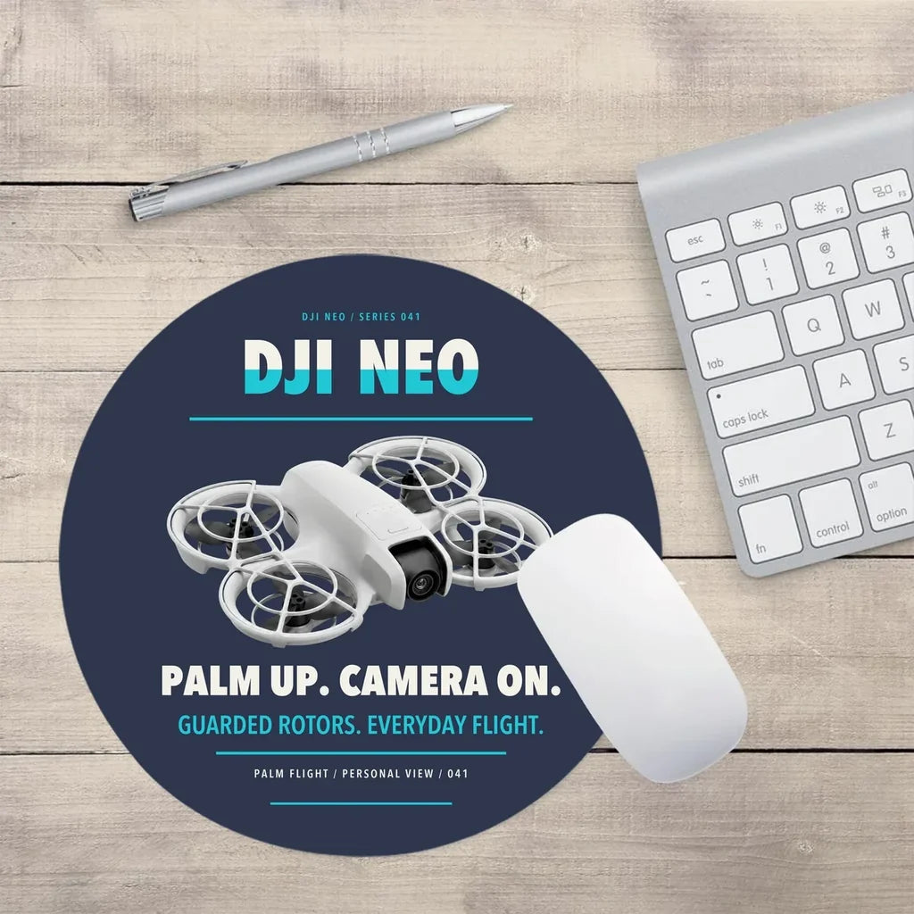 DJI Neo design on navy blue round mouse pad