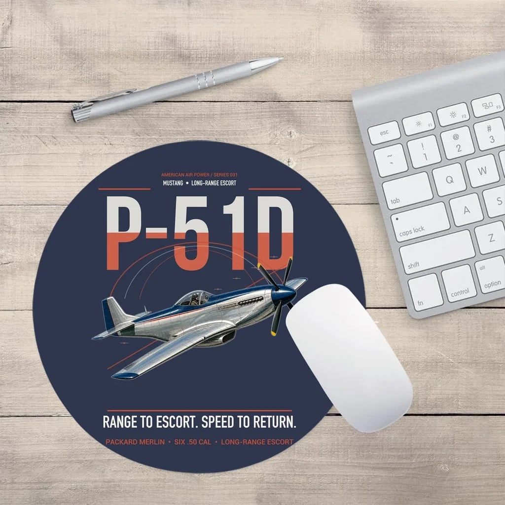 P-51D Mustang design on navy blue round mouse pad