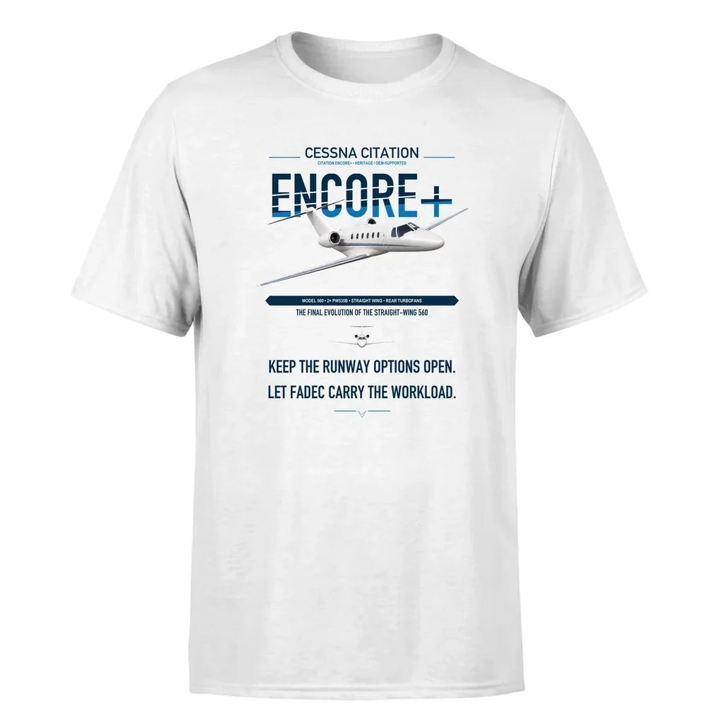 Cessna Citation Encore+ design on white double-side t-shirt, single-side print