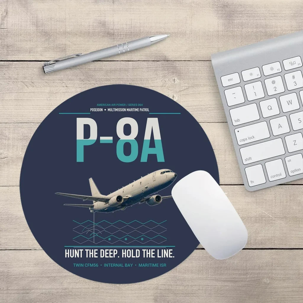 P-8A Poseidon design on navy blue round mouse pad