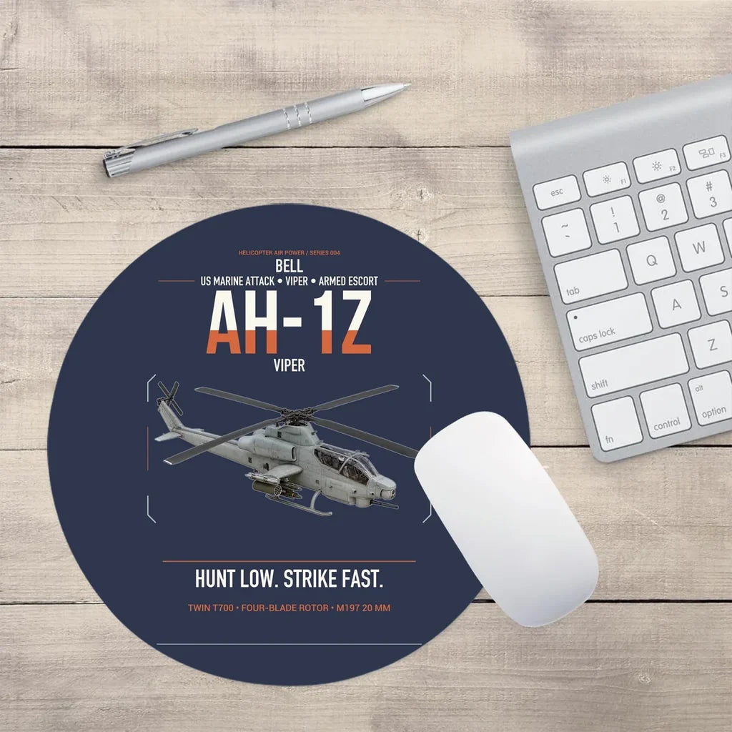 Bell AH-1Z Viper design on navy blue round mouse pad
