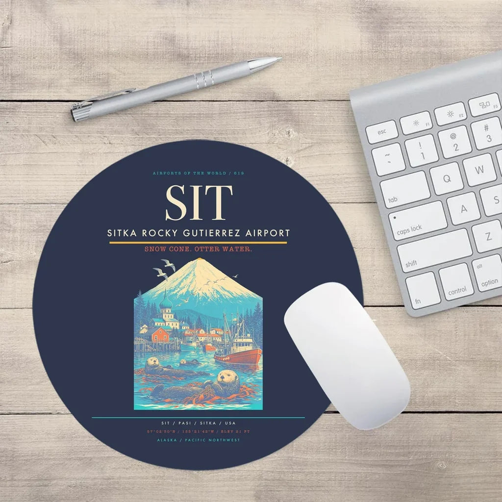 Sitka Rocky Gutierrez Airport (SIT) design on navy blue round mouse pad