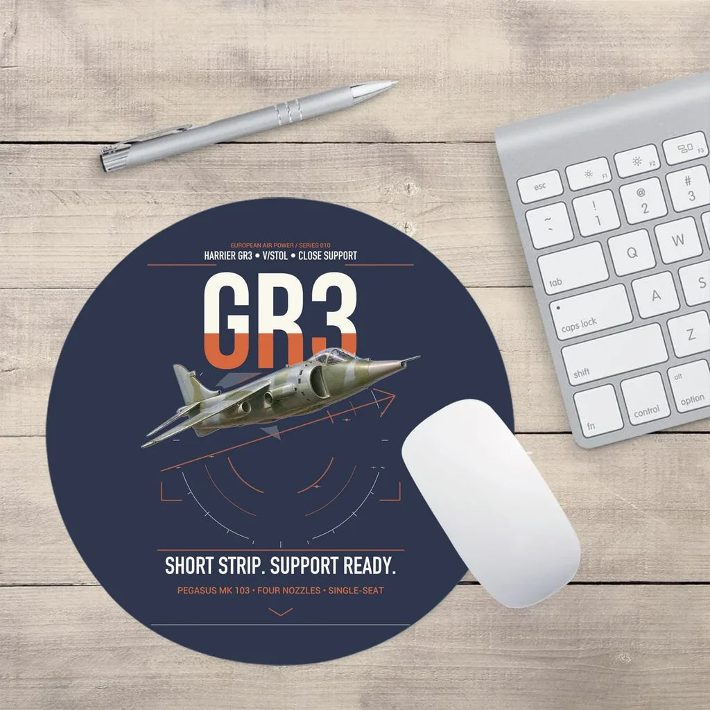 Hawker Siddeley Harrier GR3 design on navy blue round mouse pad