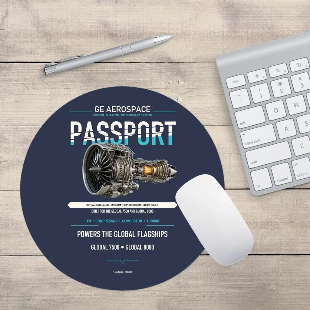 PASSPORT design on navy blue round mouse pad