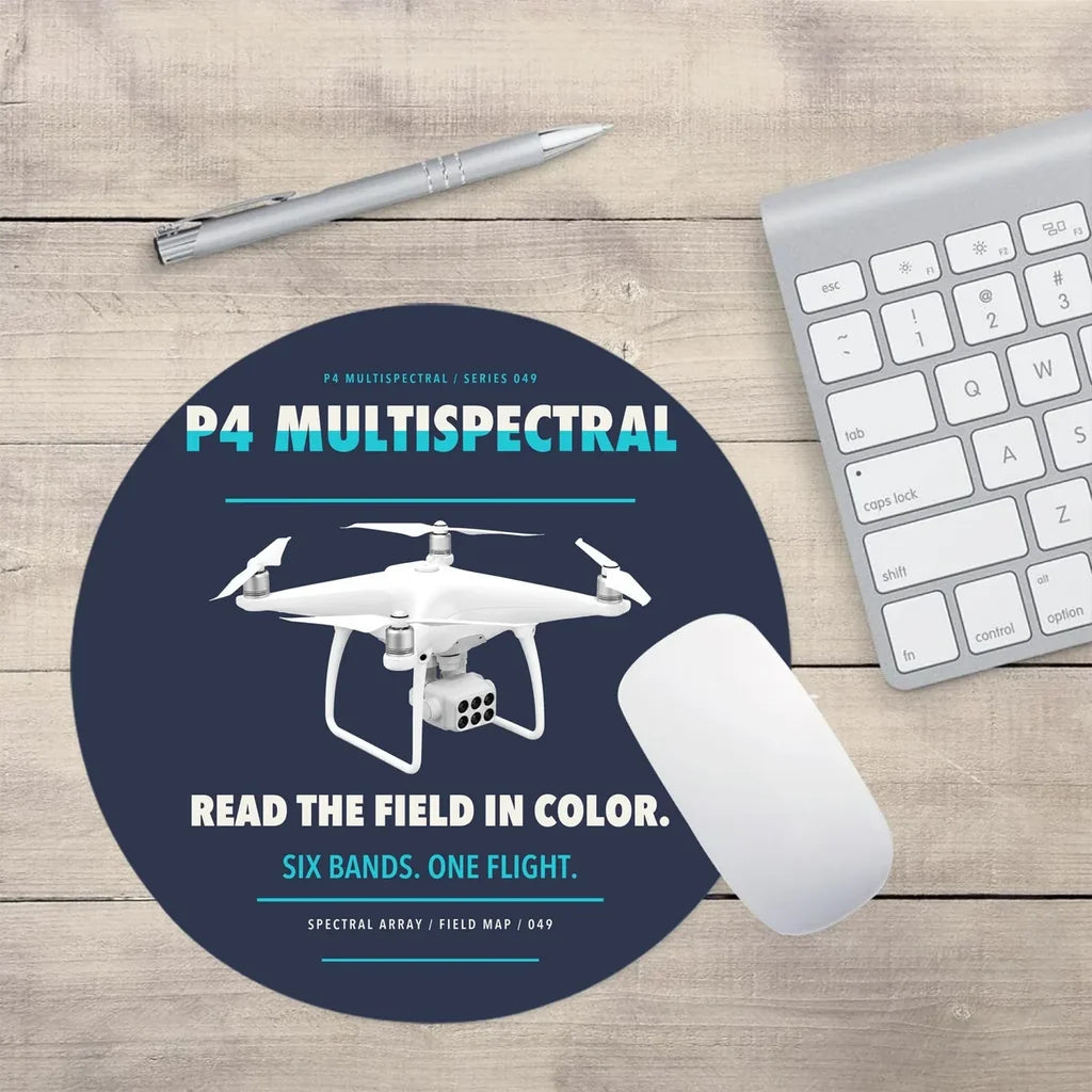 DJI P4 Multispectral design on navy blue round mouse pad