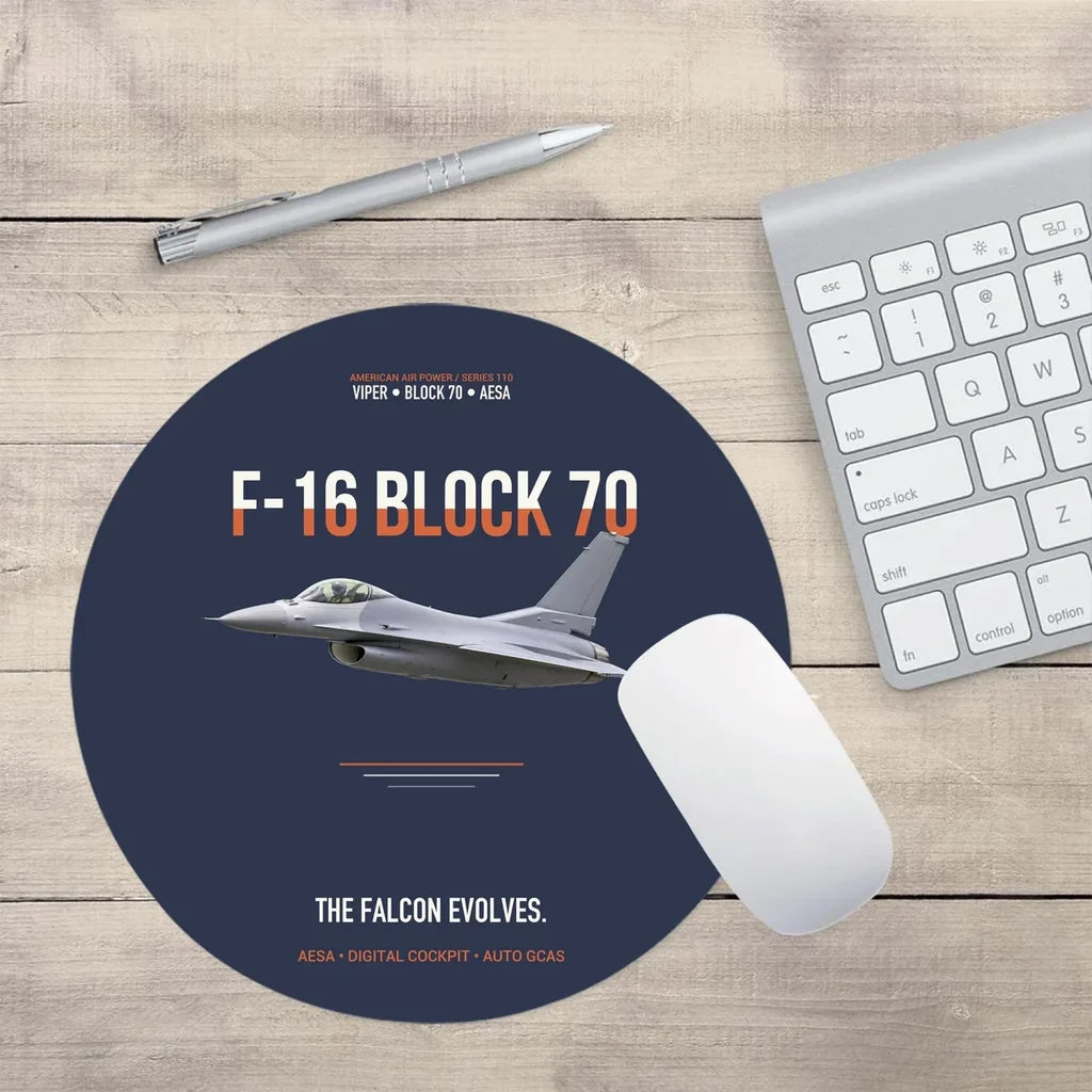 F-16 Block 70 The Falcon Evolves design on navy blue round mouse pad